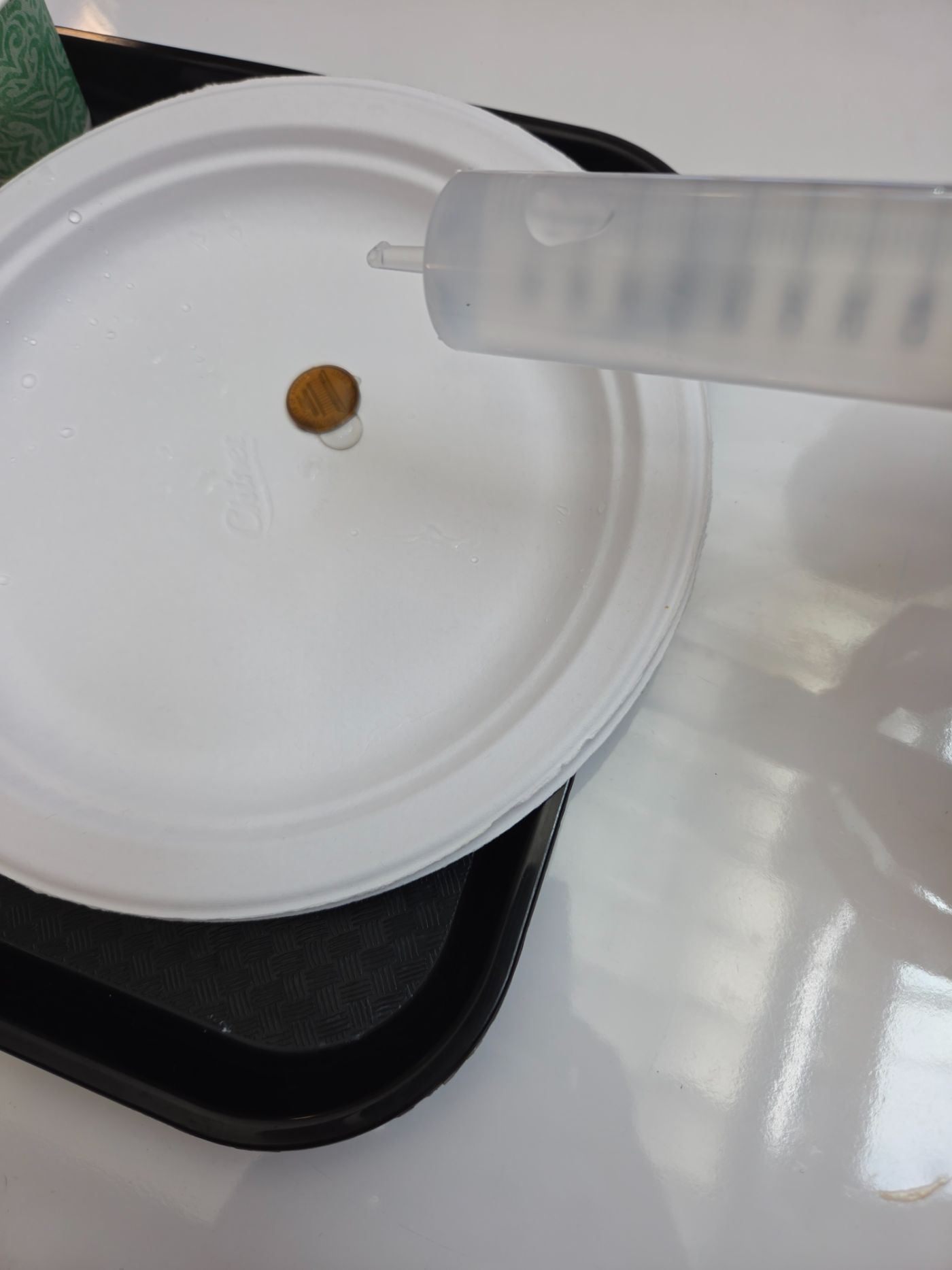 A drop of water beading on a penny beside a syringe on a paper plate